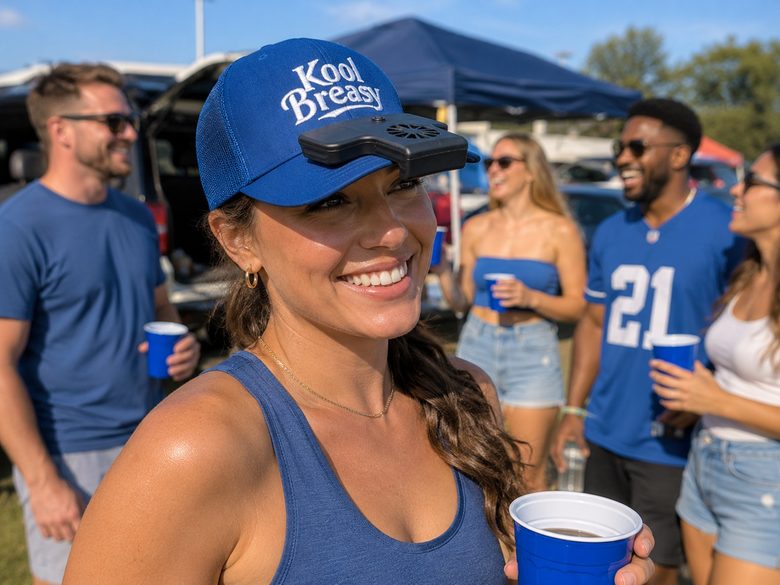 Woman wearing Kool Breasy at a tailgate