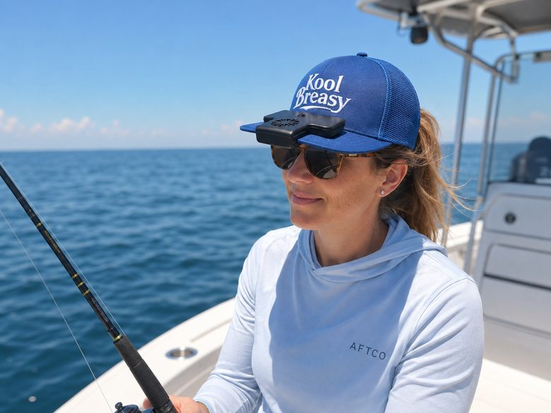 Woman wearing Kool Breasy fishing on the water